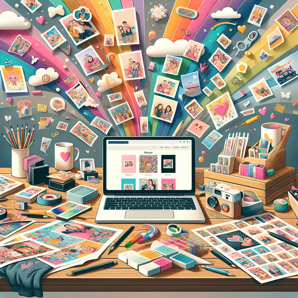 הדפסות תמונות אונליין – תמונות מודפסות בצורות שונות, בלוקי עץ, מגנטים, ומוצרים אישיים מוצגים על שולחן עם מחשב נייד, המדגימים כיצד ניתן להדפיס ולפתח תמונות באינטרנט בקלות