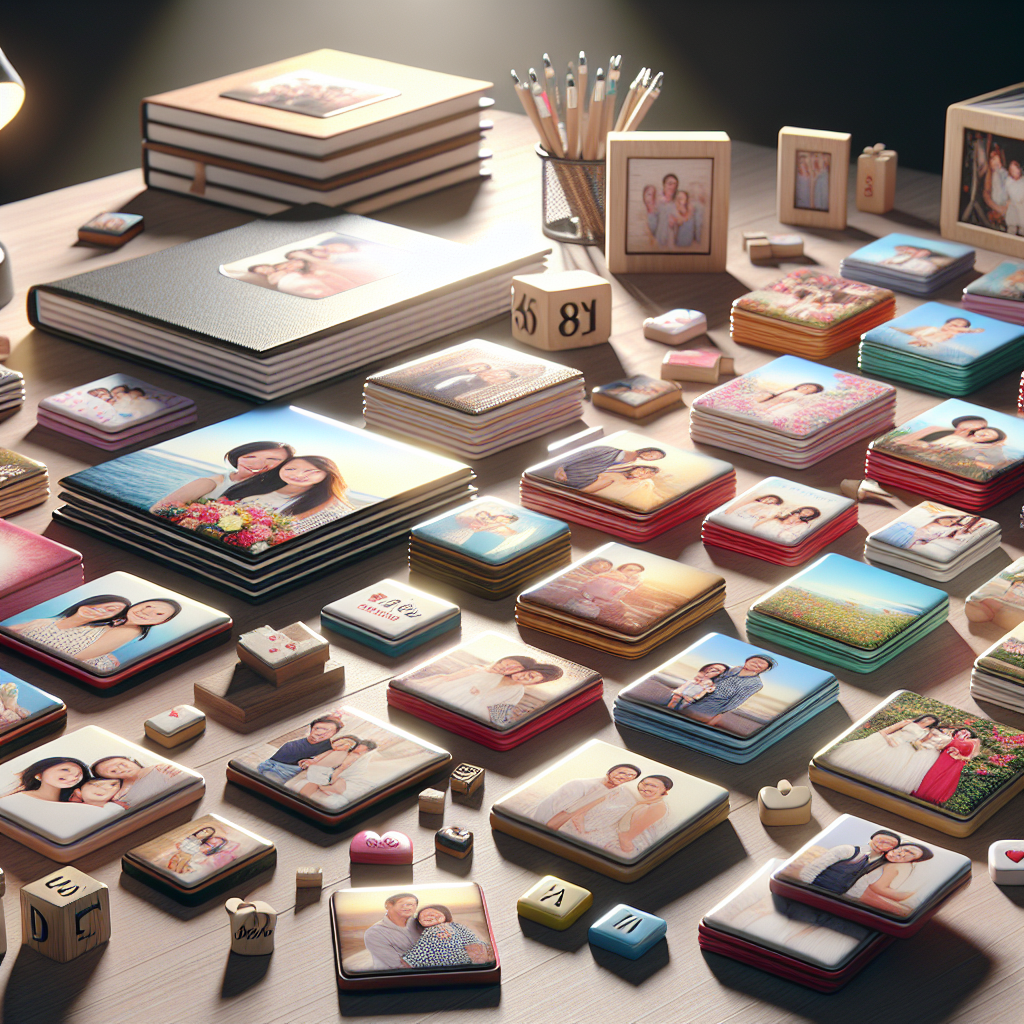 תמונה צבעונית של מגנטים אישיים עם תמונות מודפסות מונחים על שולחן עץ, לצד בלוק עץ עם הדפסת תמונה ואלבום תמונות, משדרגת אווירה באירוע ומתאימה להמחשת הדפסת מגנטים ומוצרים עם תמונות אישיות