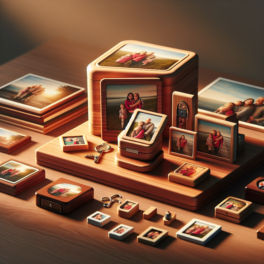 מגוון מוצרים מודפסים עם תמונות אישיות, כולל בלוק עץ, מגנטים ותמונות, הממחישים הדפסת תמונות על מוצרים בהתאמה אישית ומדגישים פיתוח תמונות והקדשה מתאימה לאירועים מרגשים