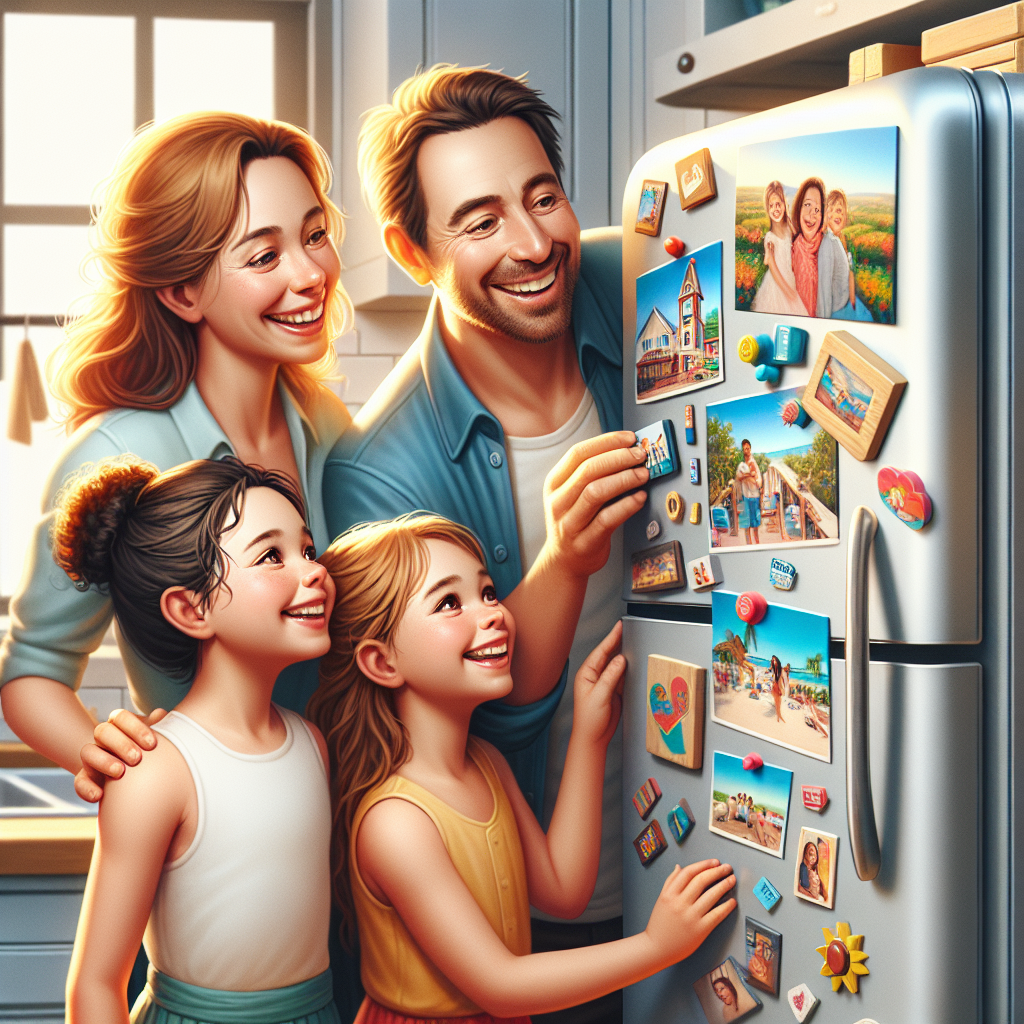 משפחה מחייכת ליד מקרר עם מגנטים מודפסים הכוללים תמונות אישיות מפותחות – שילוב של הדפסת תמונות על מגנטים, בלוקי עץ ומוצרים בהתאמה אישית, להנצחת זכרונות ייחודיים בבית.