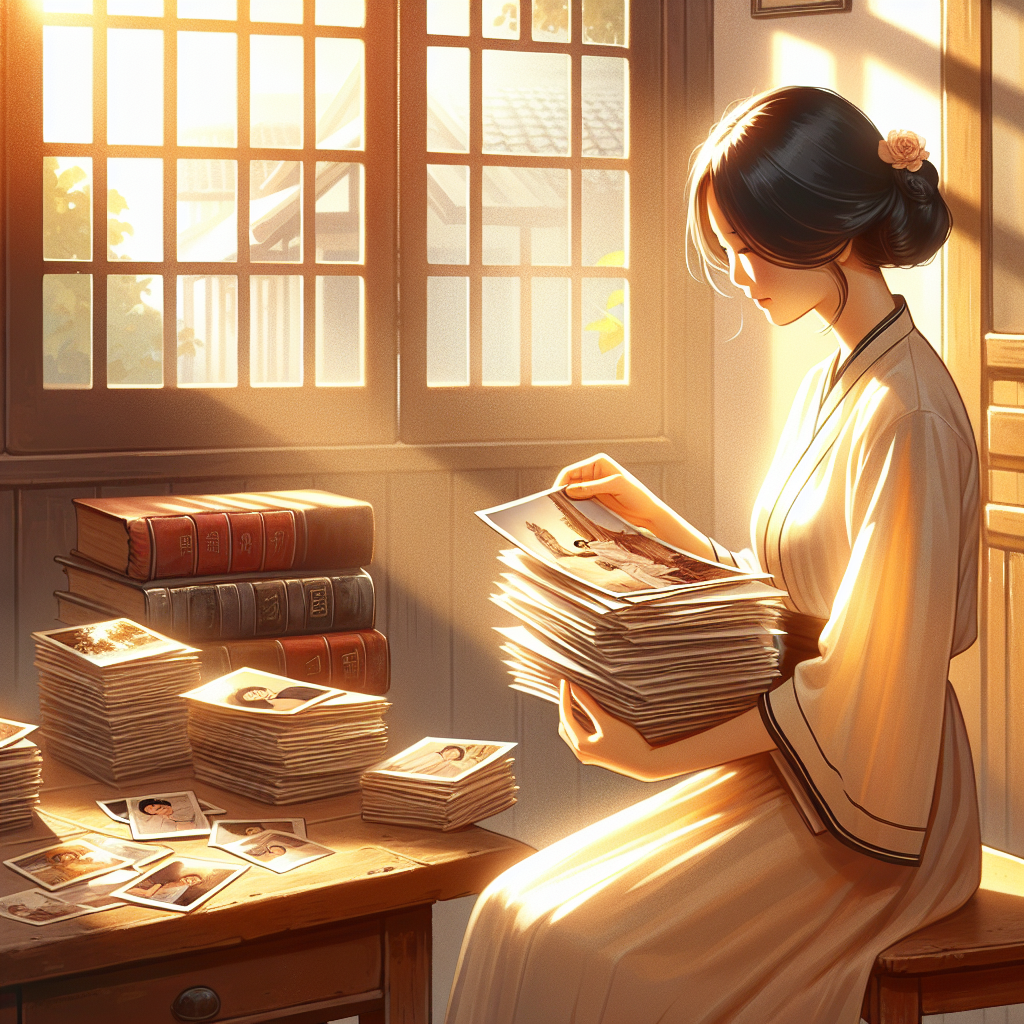 אישה מדפדפת בערימת תמונות בסגנון ישן ליד שולחן עץ, מוקפת באלבומי תמונות קלאסיים, אווירה נוסטלגית המזכירה פיתוח תמונות כמו פעם ושמירה על זכרונות יקרים