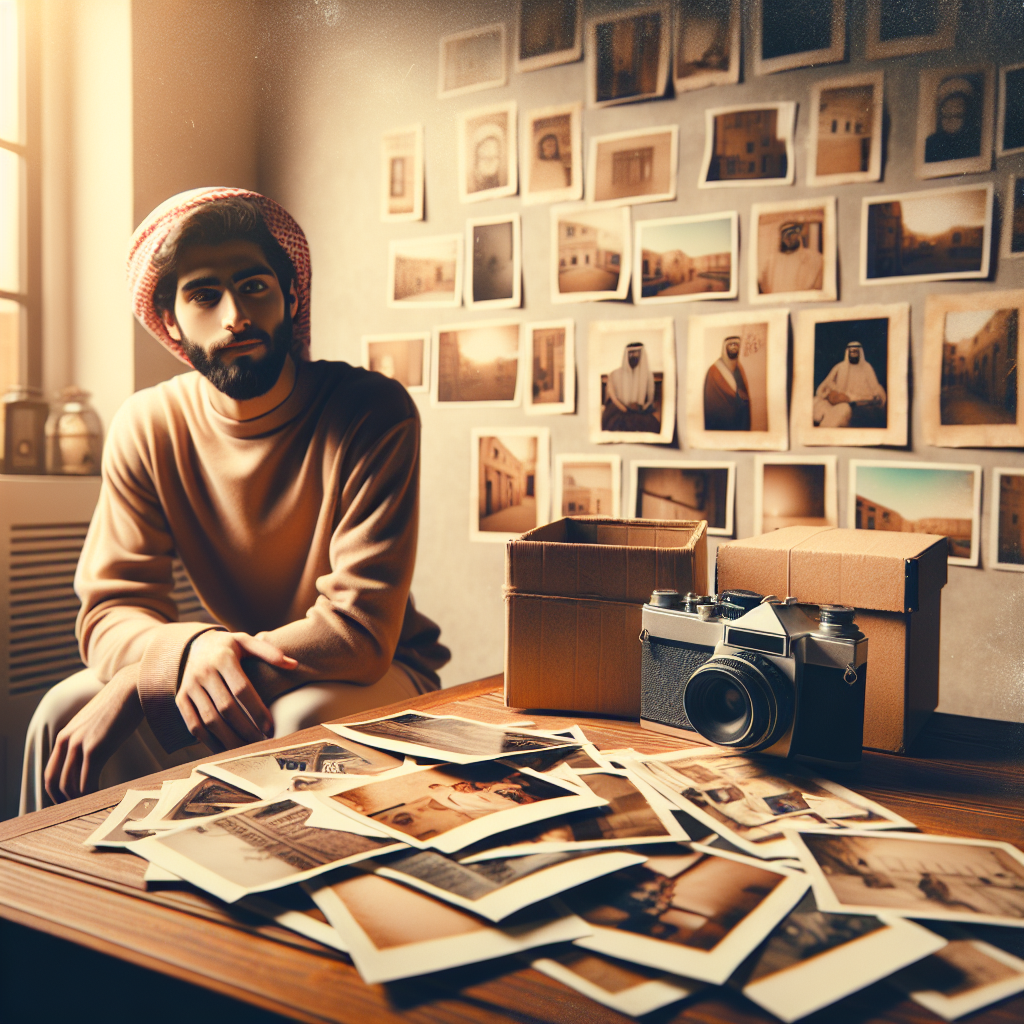 אדם יושב ליד שולחן עץ ומביט בערימת תמונות מודפסות בסגנון ישן, לצד מצלמה אנלוגית, המסמל את הערך של פיתוח והדפסת תמונות כמו פעם