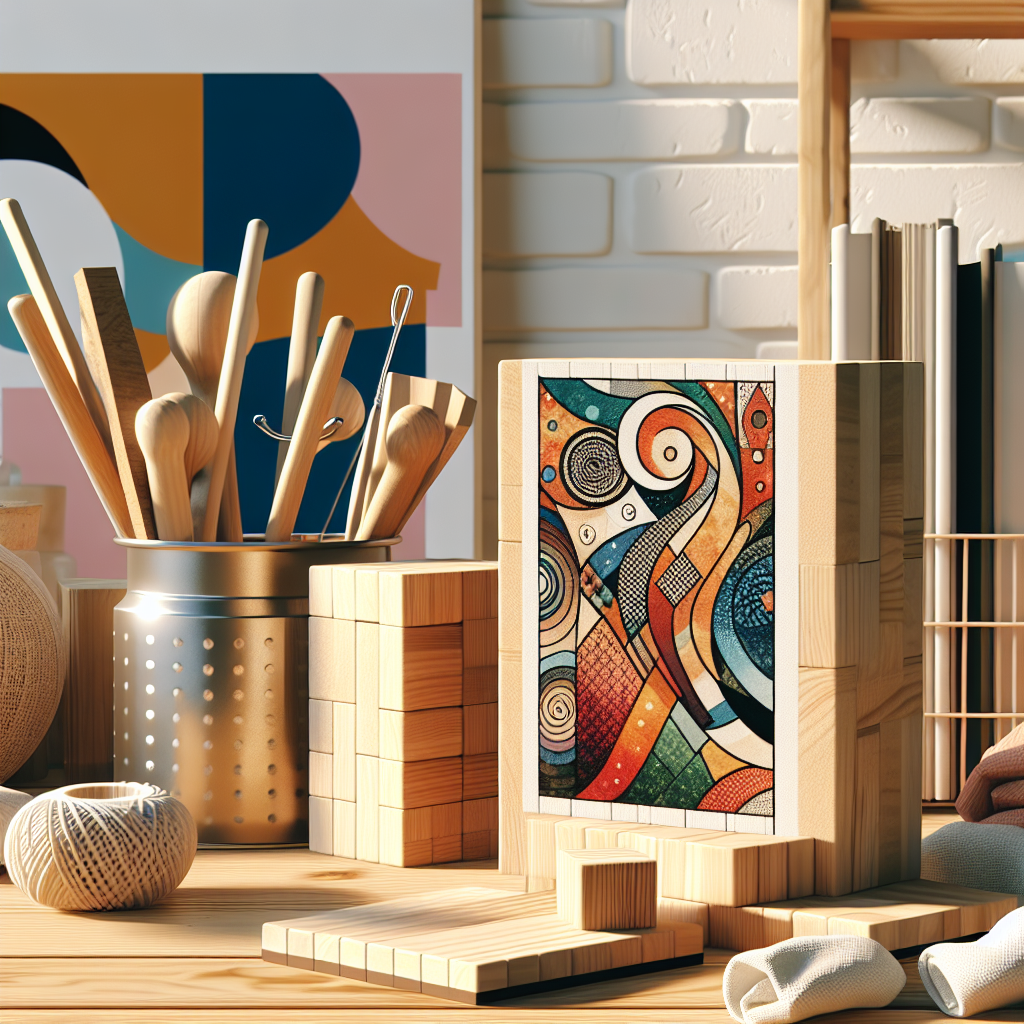 בלוקים מעץ בעיצוב אישי שעליהם מודפסות תמונות צבעוניות, מונחים על שולחן עץ בסביבה ביתית מודרנית