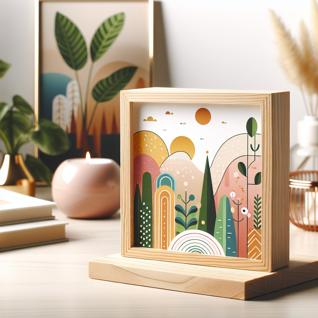 בלוק מעץ איכותי עם תמונה מודפסת בצבע, מונח על שולחן ומוקף באלמנטים של עיצוב הבית, מדגיש את היתרון של קניית תמונה על בלוק מעץ כמתנה אישית ומעוצבת