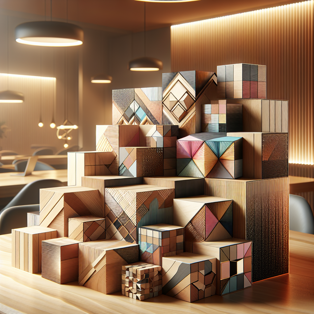 בלוקים מעץ צבעוניים בעיצובים שונים עם הדפסי תמונות באיכות גבוהה, מוצגים על שולחן מואר – הדגשת תהליך בחירת תמונה מושלמת לבלוק מעץ.