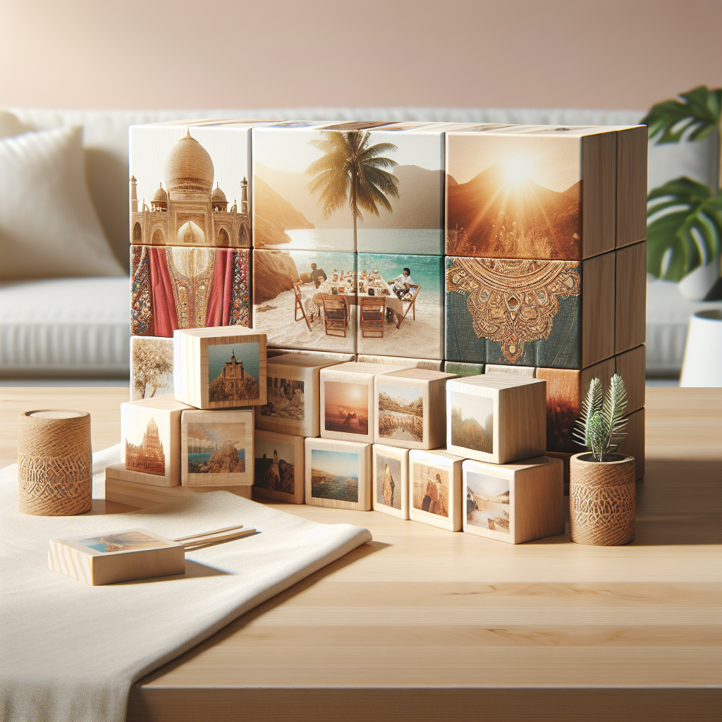 מספר בלוקים מעץ עם תמונות מודפסות באיכות גבוהה, מונחים על שולחן בסביבה ביתית מודרנית. הדגשה על תמונה על בלוק עץ כדרך להנצחת רגעים חשובים ומזכרת דקורטיבית.
